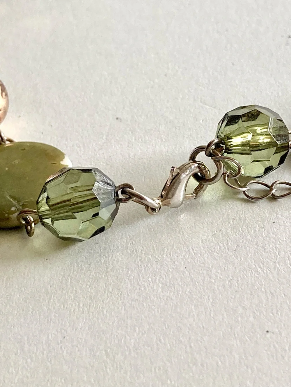 Gold and silver tone Chain Necklace with Light Green Beads signed EL